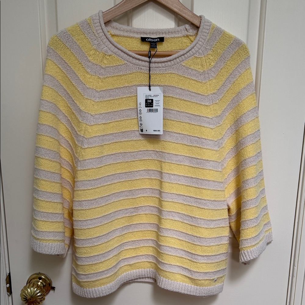 NWT $169 Olsen sz 8 (s/m) Striped Sweater - beige sun yellow - Marina City Henny